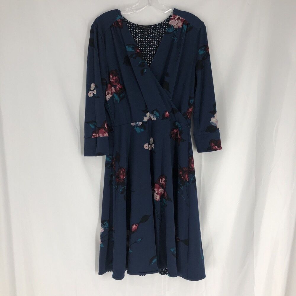 White House Black Market Womens M Blue Floral Mock Wrap Midi Dress V Neck